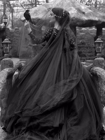 ゴシックウェディングドレスプリンセスシルエット長袖レースタフタコートトレインヴィンテージブライダルガウン