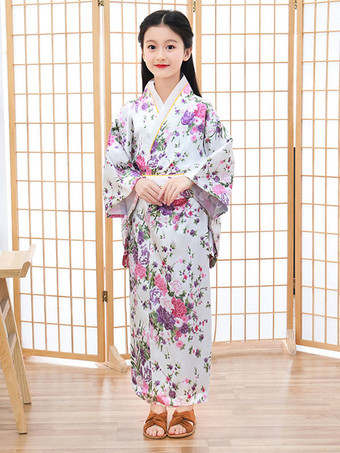 Trajes Japoneses Quimono Infantil Vestido de Poliéster Branco Conjunto Oriental Feminino Trajes de Férias