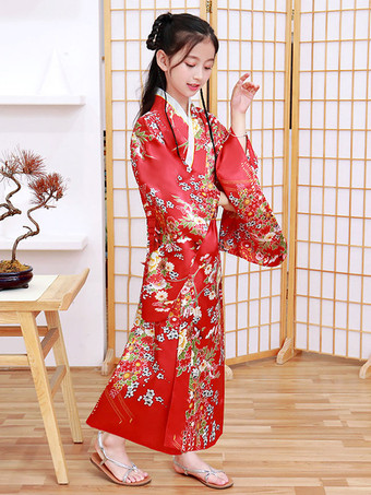 Kid's Japanes Costumes Red Kimono Polyester Satin Dress Oriental Set Holidays Costumes