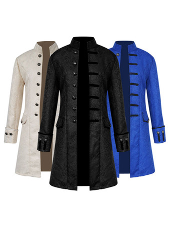 黒ヴィンテージコートスタンドカラーボタンアップジャカード中世オーバーコートレトロ衣装男性のための