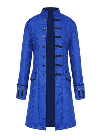 ブルー 黒ヴィンテージコートスタンドカラーボタンアップジャカード中世オーバーコートレトロ衣装男性のための