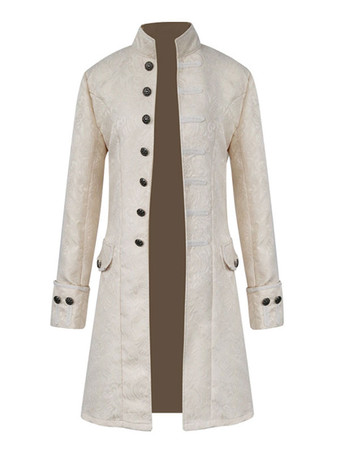 アイボリー 黒ヴィンテージコートスタンドカラーボタンアップジャカード中世オーバーコートレトロ衣装男性のための