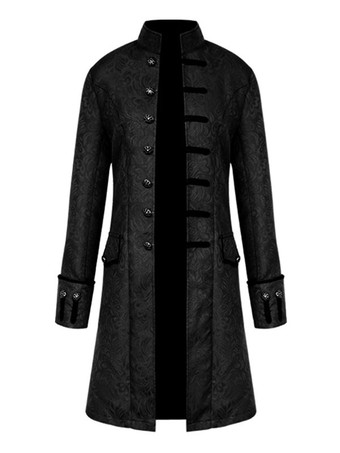 ブラック 黒ヴィンテージコートスタンドカラーボタンアップジャカード中世オーバーコートレトロ衣装男性のための