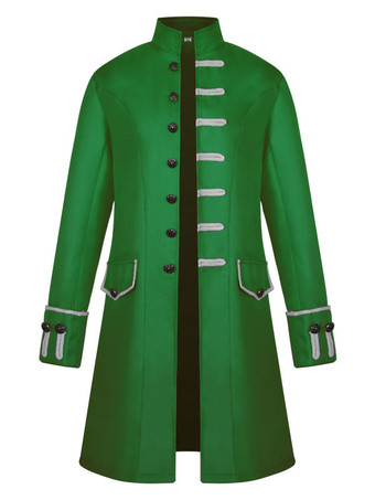 グリーン 男性ヴィンテージコートスタンドカラーボタンアップ制服コスチューム