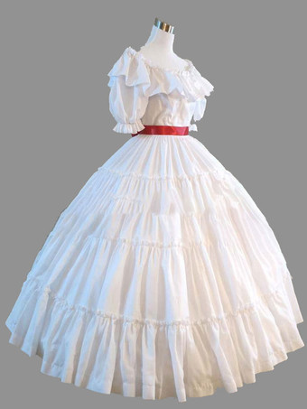 Trajes retrô brancos com babados vestido feminino Maria Antonieta de mangas curtas com decote redondo vintage conjunto vestido de baile de formatura