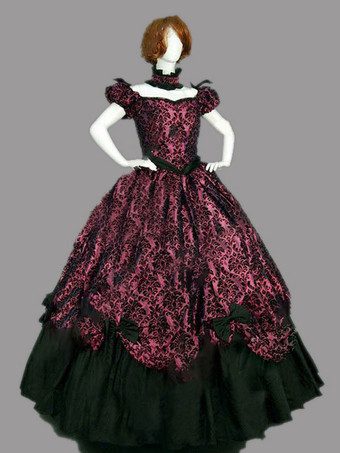 Victorian Dress Costme Prom Dress Burgundy Short Sleeves with Choker Ball Gown Jacquard Bow Ruffle Marie Antoinette Victorian Era Clothing Costumes Halloween