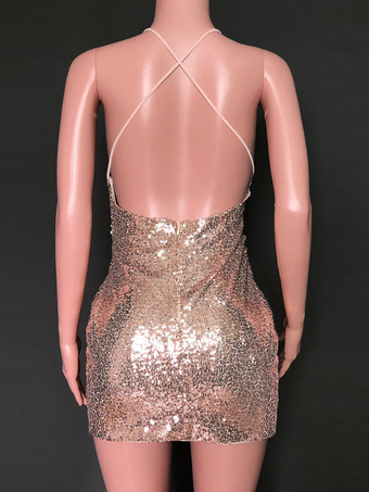 キャバ ドレス ノースリーブ セクシー ゴールド レディースファッション 無地 不規則 スパンコール ポリエステル ストラップ クラブ ウェア