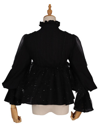 ゴシックロリータブラウスブラックロリータトップ長袖レースロリータシャツ