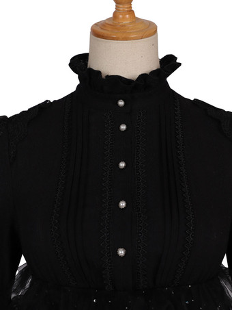 ゴシックロリータブラウスブラックロリータトップ長袖レースロリータシャツ