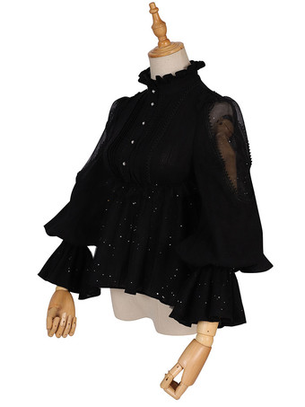 ゴシックロリータブラウスブラックロリータトップ長袖レースロリータシャツ