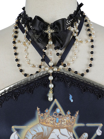 Gothic Lolita JSK Dress Black Sleeveless Chains Pearls Classical Lolita Jumper Skirts