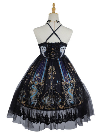 Gothic Lolita JSK Dress Black Sleeveless Chains Pearls Classical Lolita Jumper Skirts