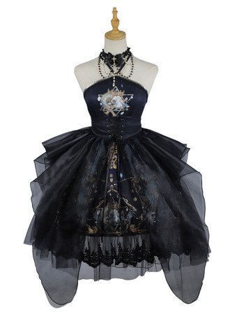 Gothic Lolita JSK Dress Black Sleeveless Chains Pearls Classical Lolita Jumper Skirts
