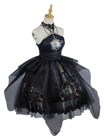 Gothic Lolita JSK Dress Black Sleeveless Chains Pearls Classical Lolita Jumper Skirts