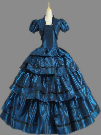 Trajes de Vestido Vitoriano Vestido de Baile Azul Profundo Casaco Falso Vestido de Baile Folhos Trajes de Roupas da Era Vitoriana Halloween