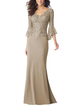 シャンパン母親ドレス 結婚式 レース ライトグレー ミセスドレス フォーマル ウェディングパーティードレス マーメイドライン 七分袖 トレーン付き 20cm ファスナー