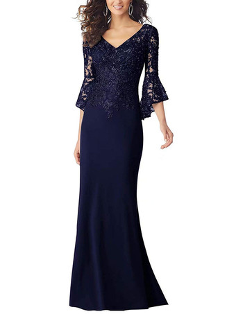 ダークネイビー母親ドレス 結婚式 レース ライトグレー ミセスドレス フォーマル ウェディングパーティードレス マーメイドライン 七分袖 トレーン付き 20cm ファスナー
