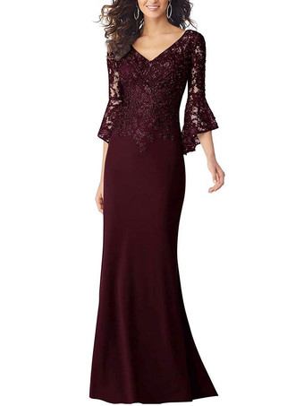 バーガンディー母親ドレス 結婚式 レース ライトグレー ミセスドレス フォーマル ウェディングパーティードレス マーメイドライン 七分袖 トレーン付き 20cm ファスナー