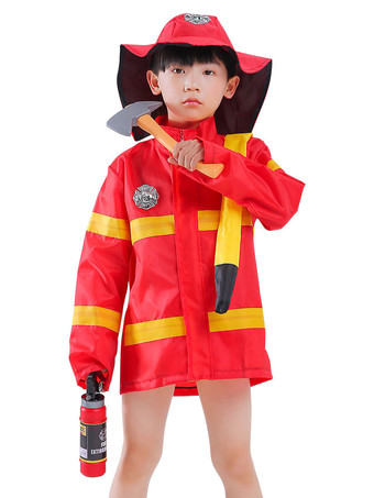 Carnaval Enfants Pompier Rouge Cosplay Gilet Chapeau Polyester Ensemble Enfants Cosplay Costumes Déguisements Halloween