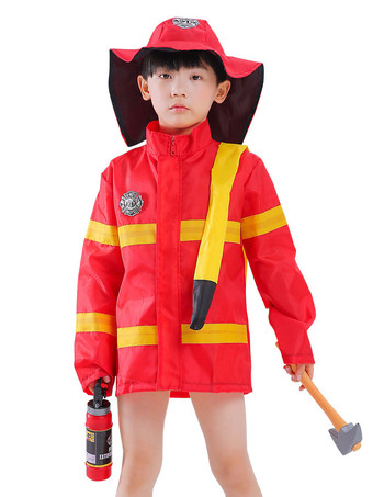 rouge Carnaval Enfants Pompier Rouge Cosplay Gilet Chapeau Polyester Ensemble Enfants Cosplay Costumes Déguisements Halloween