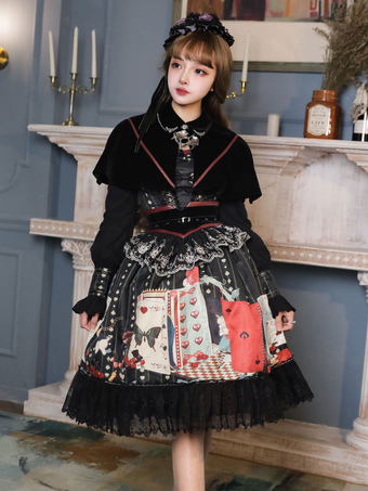 Gothic Lolita Outfits Black Lace Up Lace Lace Long Sleeves Cloak Dress