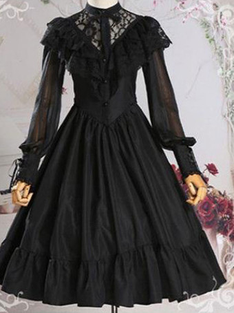 Douce Lolita OP Robe Noir Manches Transparentes à Volants Lolita Robes une pièce Déguisements Halloween