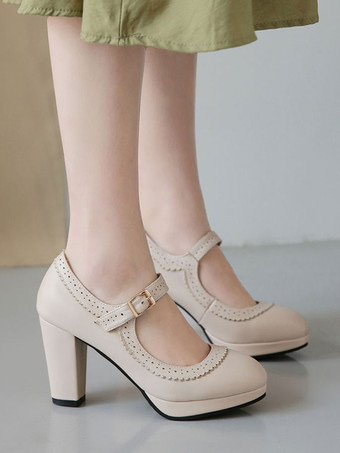 ハイヒール ラウンドトゥ パンプス アイボリー チャンキーヒール PU 7.5cm 無地 シューズ プラスサイズシューズ メリージェーンシューズ 結婚式 二次会 通勤用 仕事 キャバ 卒園式 レディース靴