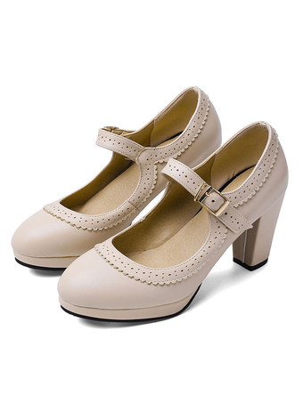 ハイヒール ラウンドトゥ パンプス アイボリー チャンキーヒール PU 7.5cm 無地 シューズ プラスサイズシューズ メリージェーンシューズ 結婚式 二次会 通勤用 仕事 キャバ 卒園式 レディース靴