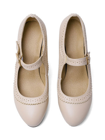 ハイヒール ラウンドトゥ パンプス アイボリー チャンキーヒール PU 7.5cm 無地 シューズ プラスサイズシューズ メリージェーンシューズ 結婚式 二次会 通勤用 仕事 キャバ 卒園式 レディース靴