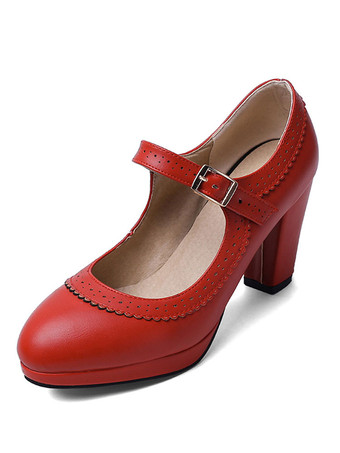 レッドハイヒール ラウンドトゥ パンプス アイボリー チャンキーヒール PU 7.5cm 無地 シューズ プラスサイズシューズ メリージェーンシューズ 結婚式 二次会 通勤用 仕事 キャバ 卒園式 レディース靴