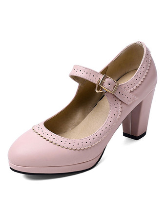 ピンクハイヒール ラウンドトゥ パンプス アイボリー チャンキーヒール PU 7.5cm 無地 シューズ プラスサイズシューズ メリージェーンシューズ 結婚式 二次会 通勤用 仕事 キャバ 卒園式 レディース靴