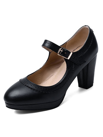 ブラック ハイヒール ラウンドトゥ パンプス アイボリー チャンキーヒール PU 7.5cm 無地 シューズ プラスサイズシューズ メリージェーンシューズ 結婚式 二次会 通勤用 仕事 キャバ 卒園式 レディース靴