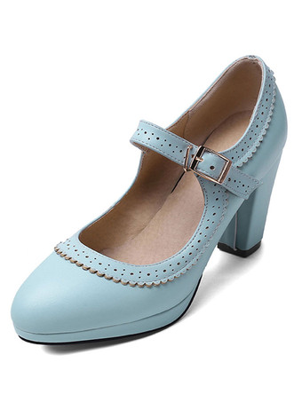 ブルー ハイヒール ラウンドトゥ パンプス アイボリー チャンキーヒール PU 7.5cm 無地 シューズ プラスサイズシューズ メリージェーンシューズ 結婚式 二次会 通勤用 仕事 キャバ 卒園式 レディース靴