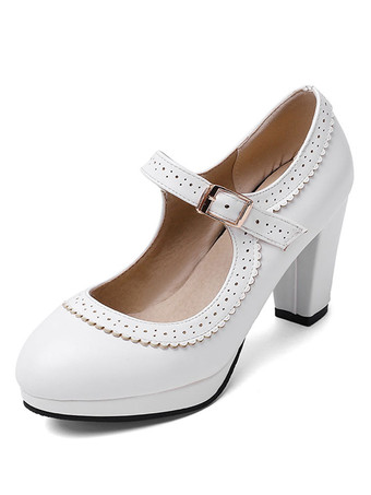 ホワイト ハイヒール ラウンドトゥ パンプス アイボリー チャンキーヒール PU 7.5cm 無地 シューズ プラスサイズシューズ メリージェーンシューズ 結婚式 二次会 通勤用 仕事 キャバ 卒園式 レディース靴