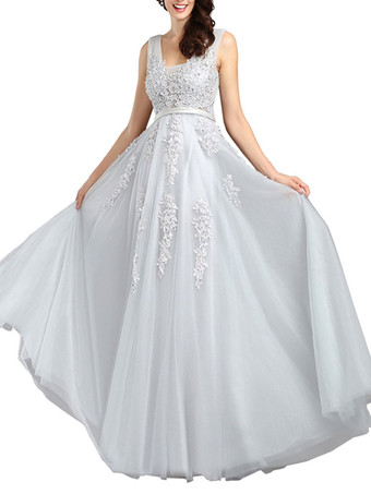 ライトグレー ウェディングドレスVネックAラインノースリーブ床長さレースアップリケパーティードレス