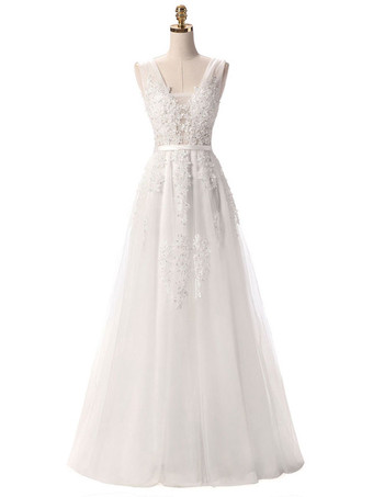 アイボリーウェディングドレスVネックAラインノースリーブ床長さレースアップリケパーティードレス