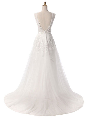 ウェディングドレスVネックAラインノースリーブ床長さレースアップリケパーティードレス