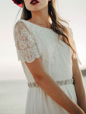 シンプルなウェディングドレスラインジュエルネックレース半袖床長シフォンビーチウェディングブライダルガウン