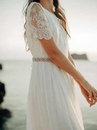 シンプルなウェディングドレスラインジュエルネックレース半袖床長シフォンビーチウェディングブライダルガウン