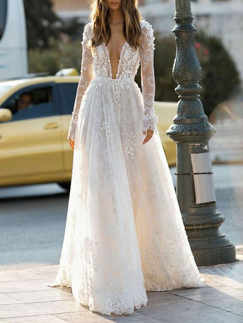 Simple Wedding Dress A Line V Neck Long Sleeves Lace Floor Length Bridal Gowns Free Customization