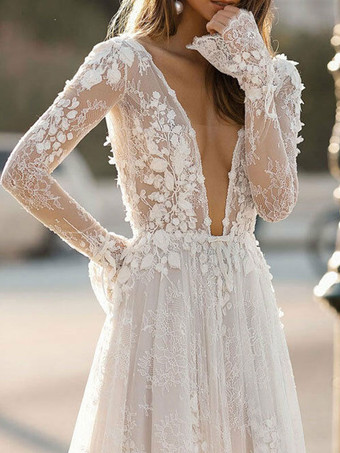 レース ウェディングドレス アイボリー ウェディングドレス Aライン 結婚式 二次会 披露宴 長袖 コートトレーン ブライダル 花嫁 バックレス ビーチウェディングドレス ウェディング ナチュラルウェストライン Vネック レース レース ガーデン ビーチ オーダーメイドも可能