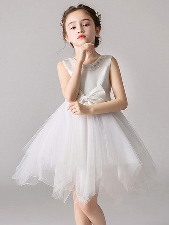 Vestidos da menina de flor Jewel Neck Tulle Sleeveless Knee Length Princess Silhouette Arcos Vestidos de festa para crianças