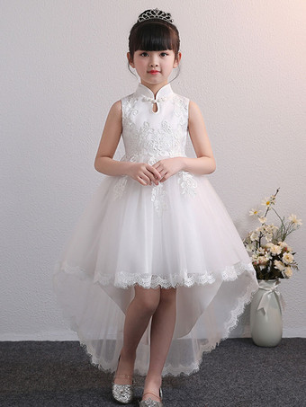 Robes cortège enfant blanche en dentelle aymétrique col avec bouton longueur au genou robe fille de fleur