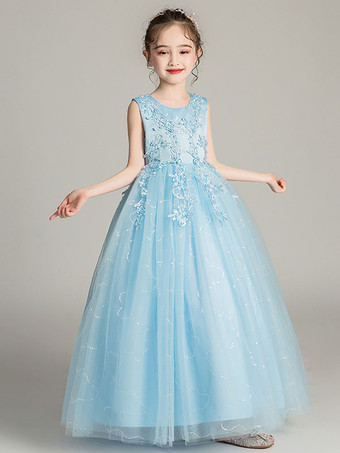 Bleu ClairRobes cortège enfant col rond brodé en dentelles longueur de cheville Robe fille de fleur