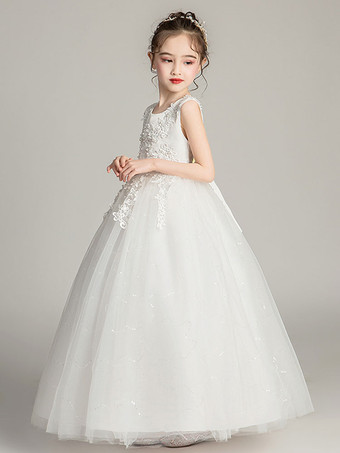 Robes cortège enfant col rond brodé en dentelles longueur de cheville Robe fille de fleur
