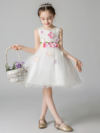 Vestidos da menina de flor Jóia Pescoço Flores sem mangas Vestidos formais para crianças