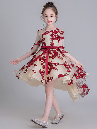 Vestidos de niña de las flores Cuello joya Medias mangas Vestidos de fiesta social bordados para niños