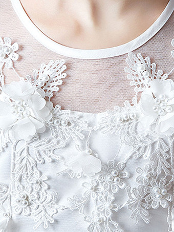 フラワーガールドレスジュエルネックハーフスリーブボウキッズパーティードレス