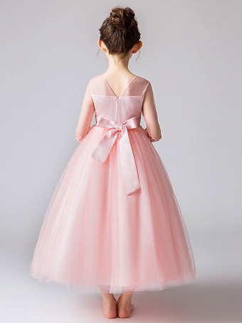 フラワーガールドレスジュエルネックハーフスリーブボウキッズパーティードレス
