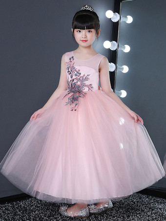 Vestidos da menina de flor Jewel Neck Tulle Sleeveless Knee Length Princess Silhouette Bordado Formal Kids Pageant Dresses
